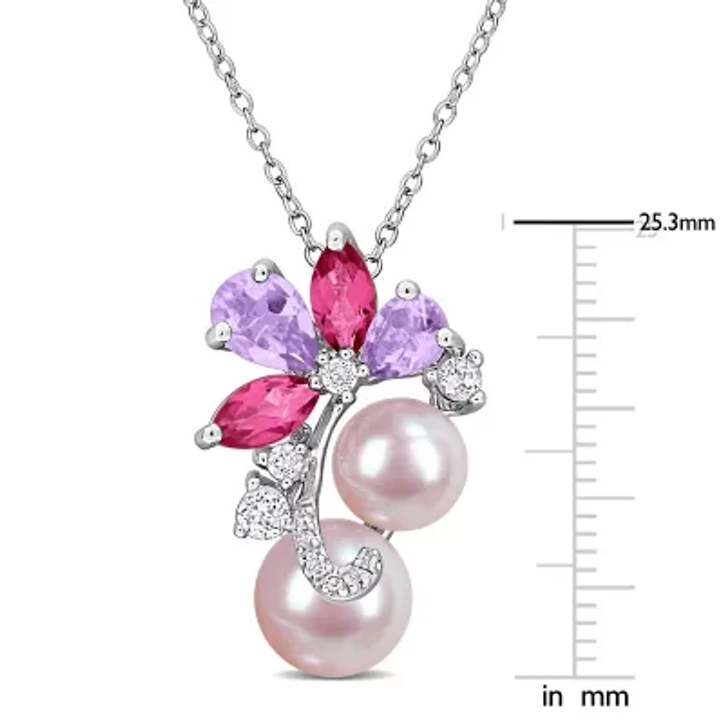 Rose De France, Pink & White Topaz & Pink Freshwater Cultured Pearl Pendant With Chain in Sterling Silver