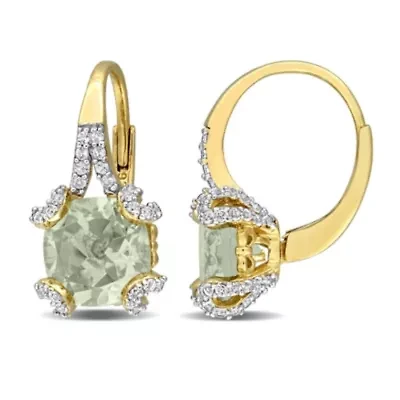 Green Quartz & White Topaz Leverback Earrings in Yellow Plated Sterling Silver