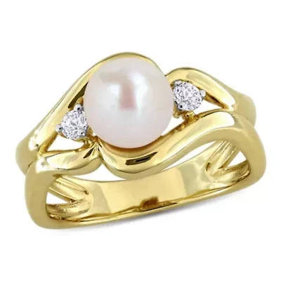 Lab Created White Sapphire & 7-7.5mm Freshwater Cultured Pearl Ring Yellow Plated Sterling Silver
