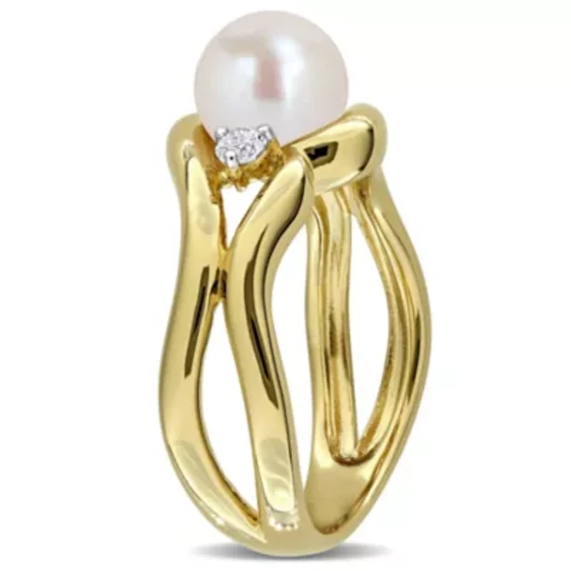 Lab Created White Sapphire & 7-7.5mm Freshwater Cultured Pearl Ring Yellow Plated Sterling Silver