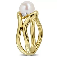 Lab Created White Sapphire & 7-7.5mm Freshwater Cultured Pearl Ring Yellow Plated Sterling Silver