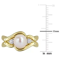 Lab Created White Sapphire & 7-7.5mm Freshwater Cultured Pearl Ring Yellow Plated Sterling Silver