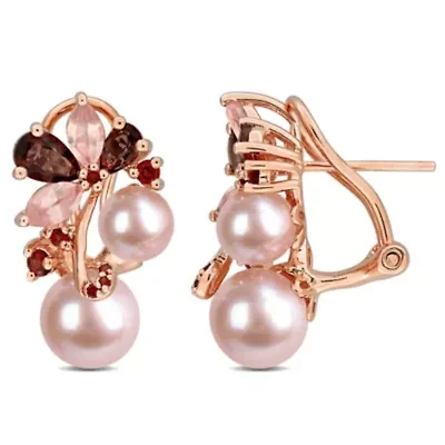 Smokey & Rose Quartz, Garnet & Pink Freshwater Cultured Pearl Post Earrings in Rose Plated Sterling Silver