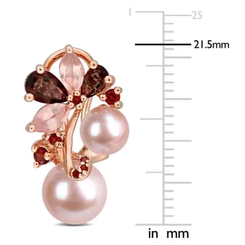 Smokey & Rose Quartz, Garnet & Pink Freshwater Cultured Pearl Post Earrings in Rose Plated Sterling Silver