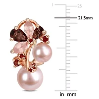 Smokey & Rose Quartz, Garnet & Pink Freshwater Cultured Pearl Post Earrings in Rose Plated Sterling Silver