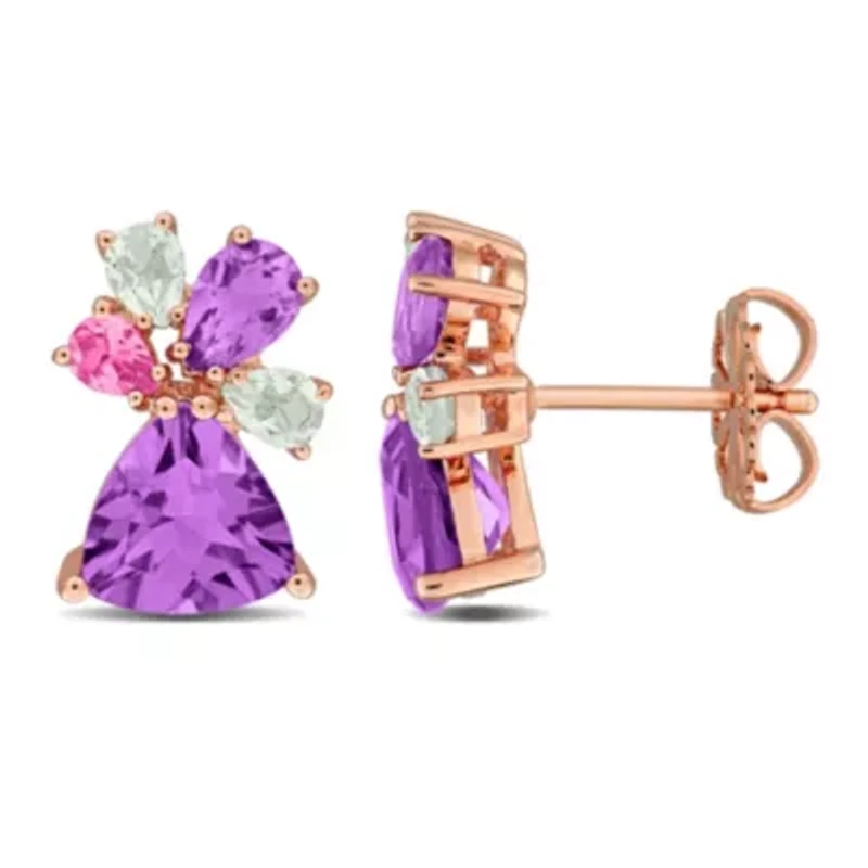 Amethyst, Pink Tourmaline & Green Quartz Post Earrings in Rose Plated Sterling Silver