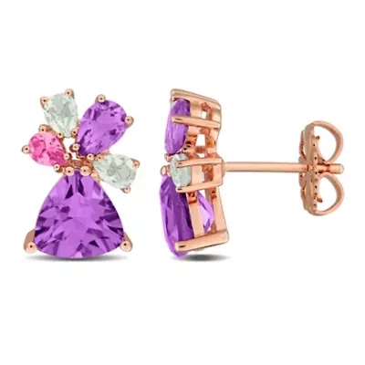 Amethyst, Pink Tourmaline & Green Quartz Post Earrings in Rose Plated Sterling Silver