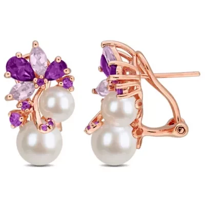 Amethyst-Africa Rose de France And White Freshwater Cultured Pearl Fashion Post Earrings in Rose Plated Sterling Silver
