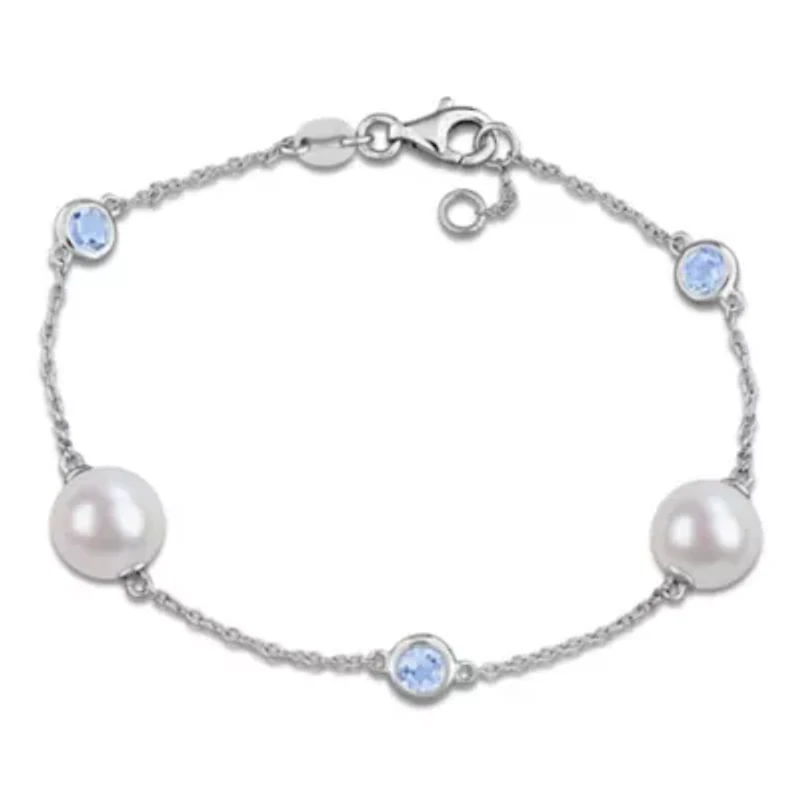 Sky Blue Topaz & 8.5-9mm Freshwater Cultured Pearl Bracelet in Sterling Silver