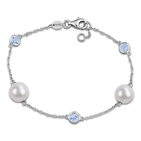 Sky Blue Topaz & 8.5-9mm Freshwater Cultured Pearl Bracelet in Sterling Silver