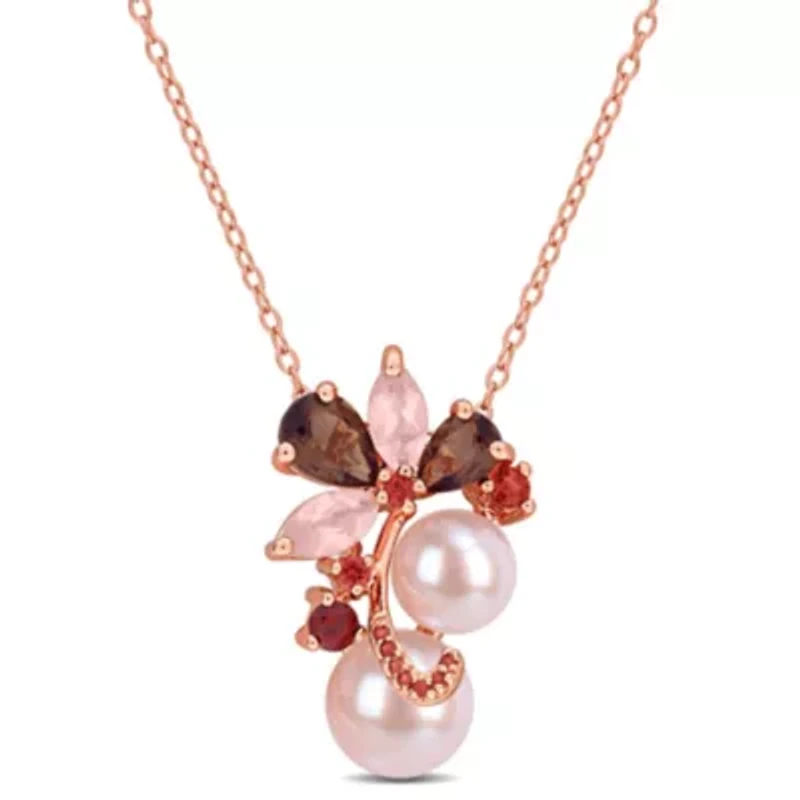 Smokey & Rose Quartz, Garnet & Pink Freshwater Cultured Pearl Pendant With Chain in Rose Plated Sterling Silver