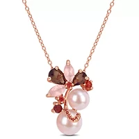Smokey & Rose Quartz, Garnet & Pink Freshwater Cultured Pearl Pendant With Chain in Rose Plated Sterling Silver