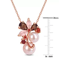 Smokey & Rose Quartz, Garnet & Pink Freshwater Cultured Pearl Pendant With Chain in Rose Plated Sterling Silver