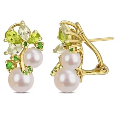 Peridot, Green Quartz Tsavorite & Freshwater Cultured Pearl Post Earrings in Yellow Plated Sterling Silver