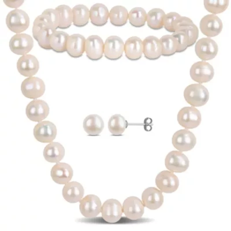 3-Pc Set of 8-9mm Freshwater Cultured Pearl Necklace, Bracelet & Earrings Set in Sterling Silver