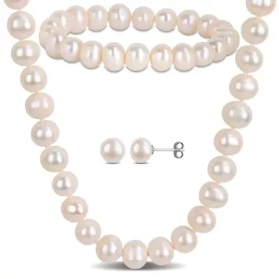 3-Pc Set of 8-9mm Freshwater Cultured Pearl Necklace, Bracelet & Earrings Set in Sterling Silver
