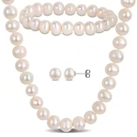 3-Pc Set of 8-9mm Freshwater Cultured Pearl Necklace, Bracelet & Earrings Set in Sterling Silver