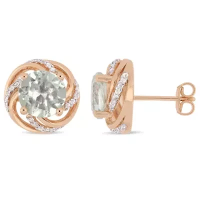 Green Quartz & White Topaz Post Earrings in Rose Plated Sterling Silver