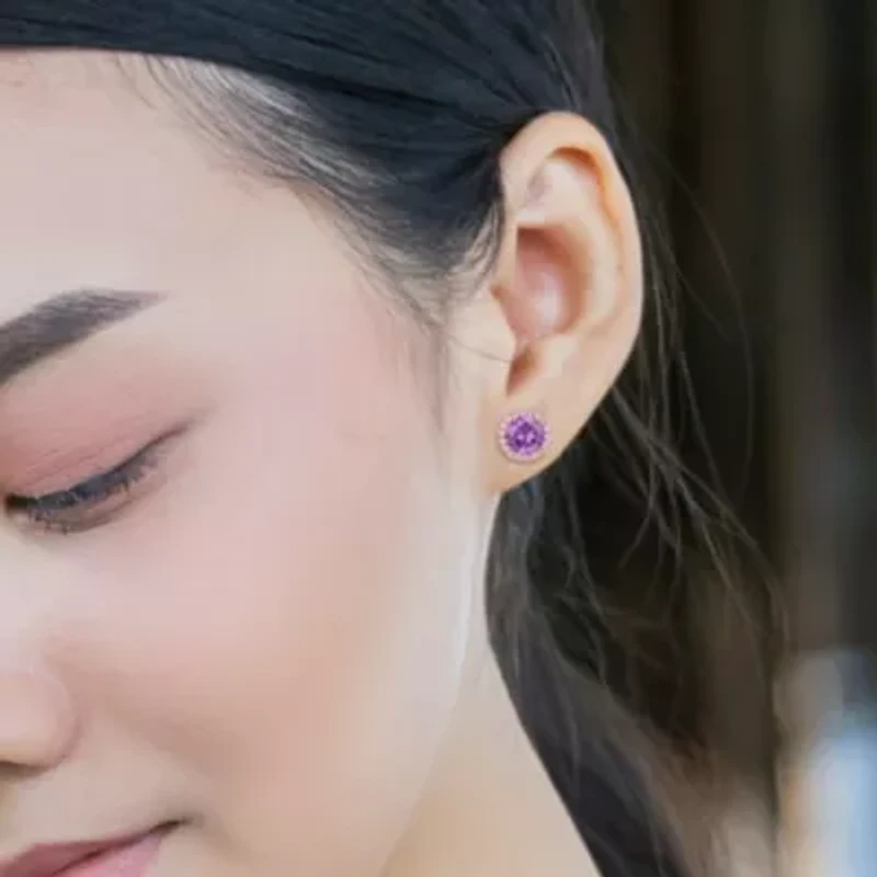 Amethyst & White Topaz Post Earrings in Rose Plated Sterling Silver
