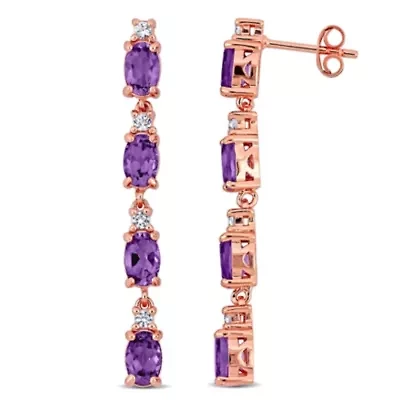 Amethyst & White Topaz Drop Earrings in Rose Plated Sterling Silver