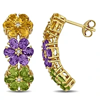 Amethyst, Citrine, Peridot & White Topaz Flower Design Drop Earrings in Yellow Plated Sterling Silver