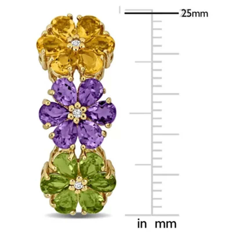 Amethyst, Citrine, Peridot & White Topaz Flower Design Drop Earrings in Yellow Plated Sterling Silver