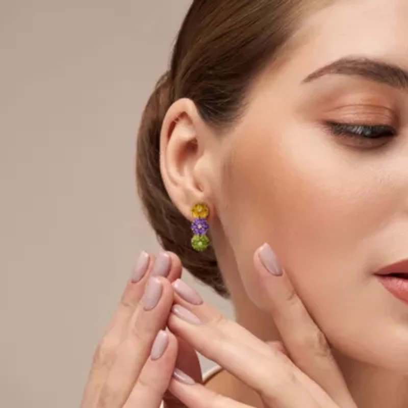 Amethyst, Citrine, Peridot & White Topaz Flower Design Drop Earrings in Yellow Plated Sterling Silver