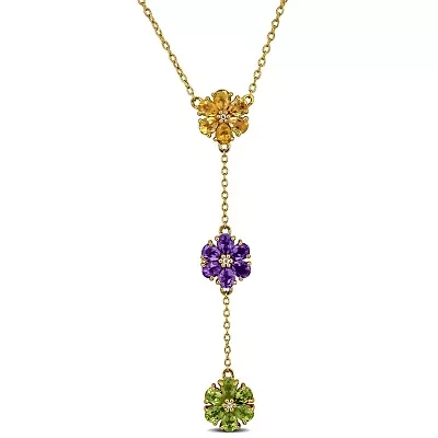Amethyst, Citrine, Peridot & White Topaz Flower Design Necklace in Yellow Plated Sterling Silver