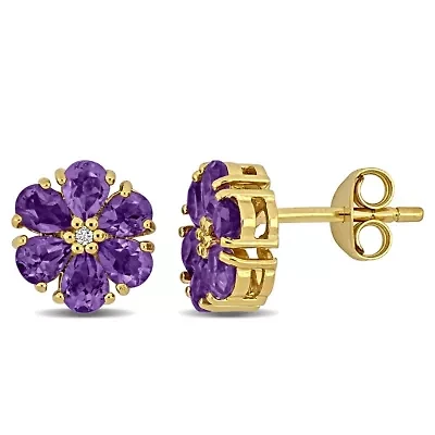 Amethyst & White Topaz Flower Design Stud Earrings in Yellow Plated Sterling Silver