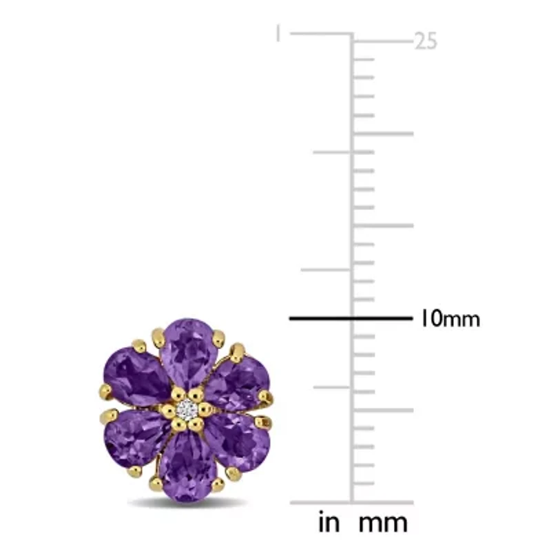 Amethyst & White Topaz Flower Design Stud Earrings in Yellow Plated Sterling Silver
