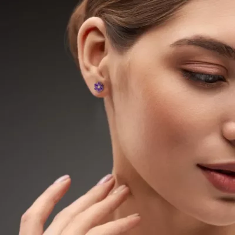 Amethyst & White Topaz Flower Design Stud Earrings in Yellow Plated Sterling Silver