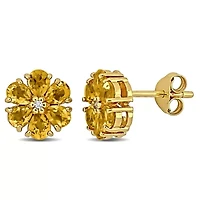 Citrine & White Topaz Flower Design Stud Earrings in Yellow Plated Sterling Silver