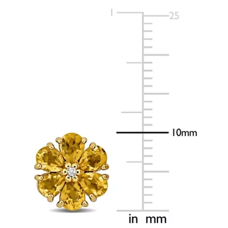 Citrine & White Topaz Flower Design Stud Earrings in Yellow Plated Sterling Silver