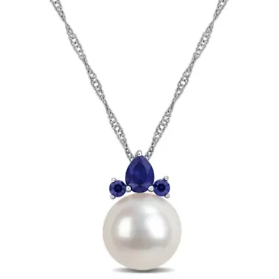 Lab Created Pearl & Gemstone Floral Drop Pendant with Chain