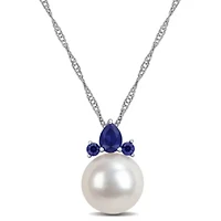 Lab Created Pearl & Gemstone Floral Drop Pendant with Chain