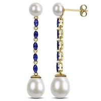 Lab Created Created Blue Sapphire & Freshwater Cultured Pearl Post Earrings in 10K Yellow Gold