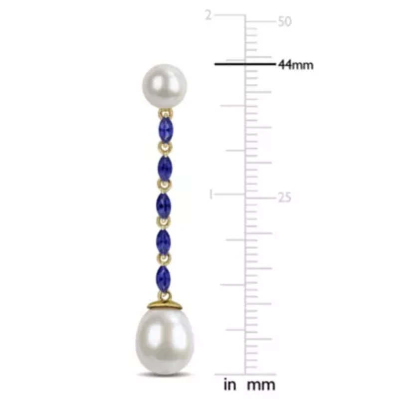 Lab Created Created Blue Sapphire & Freshwater Cultured Pearl Post Earrings in 10K Yellow Gold
