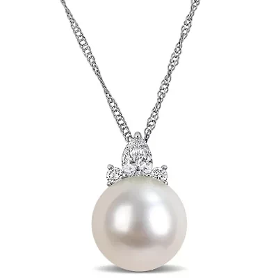 Diamond & 8-8.5mm White South Sea Cultured Pearl Pendant with Chain in 14K White Gold