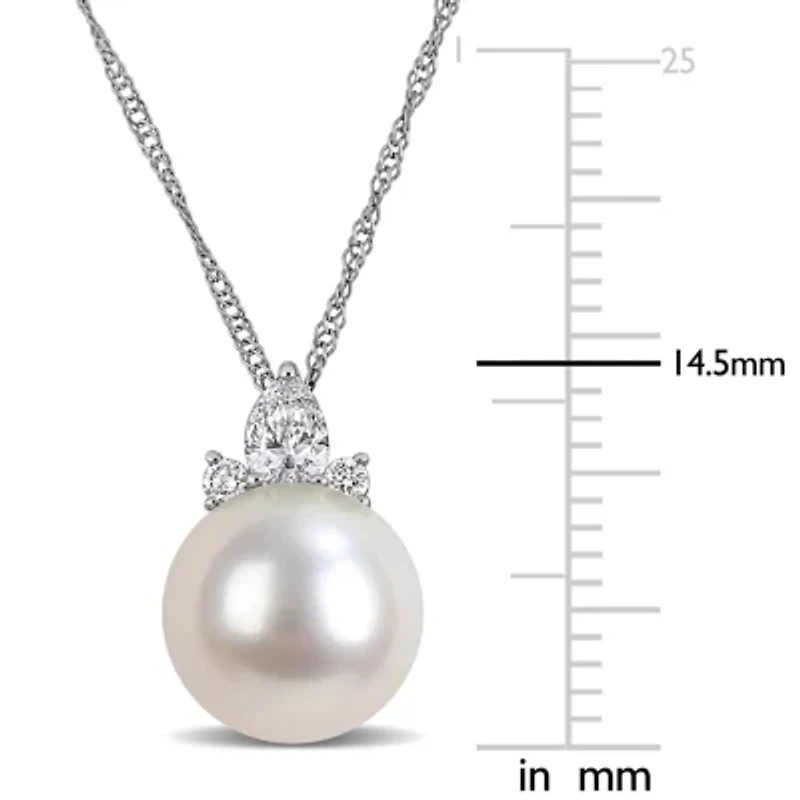 Diamond & 8-8.5mm White South Sea Cultured Pearl Pendant with Chain in 14K White Gold