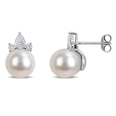 Diamond 8-8.5mm White South Sea Cultured Pearl Post Earrings in 14K White Gold