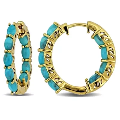 Compressed Light Blue Turquoise Hoop Earrings in Yellow Plated Sterling Silver