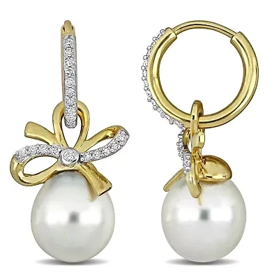Diamond 9-10mm & White South Sea Cultured Pearl Hoop Earrings in 14K Yellow Gold