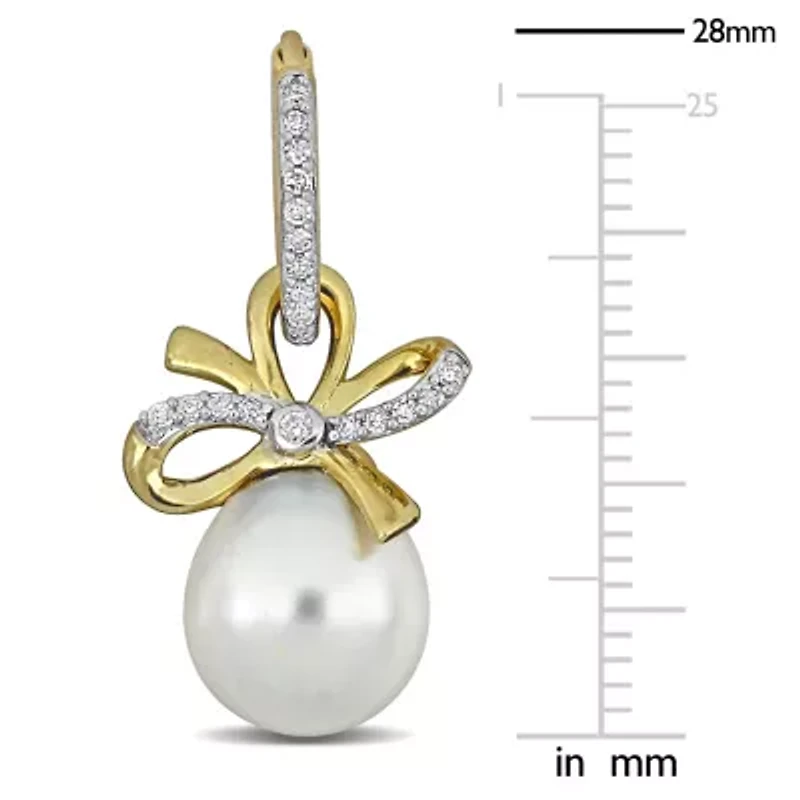 Diamond 9-10mm & White South Sea Cultured Pearl Hoop Earrings in 14K Yellow Gold