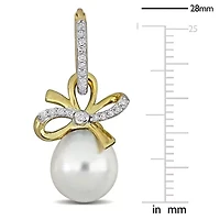 Diamond 9-10mm & White South Sea Cultured Pearl Hoop Earrings in 14K Yellow Gold