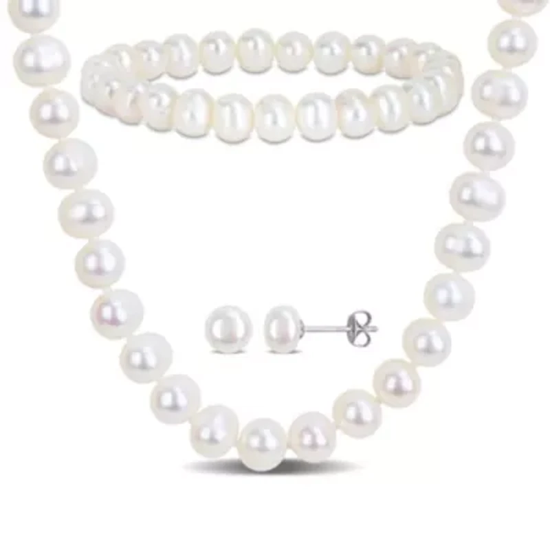 3-Piece Set of 7-8mm Freshwater Cultured Pearl Necklace, Bracelet & Earrings Set in Sterling Silver