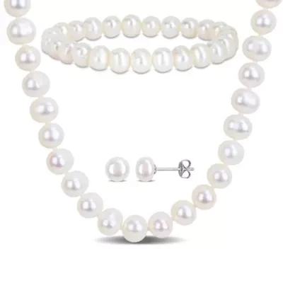 3-Piece Set of 7-8mm Freshwater Cultured Pearl Necklace, Bracelet & Earrings Set in Sterling Silver
