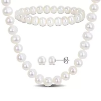 3-Piece Set of 7-8mm Freshwater Cultured Pearl Necklace, Bracelet & Earrings Set in Sterling Silver