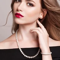 3-Piece Set of 7-8mm Freshwater Cultured Pearl Necklace, Bracelet & Earrings Set in Sterling Silver