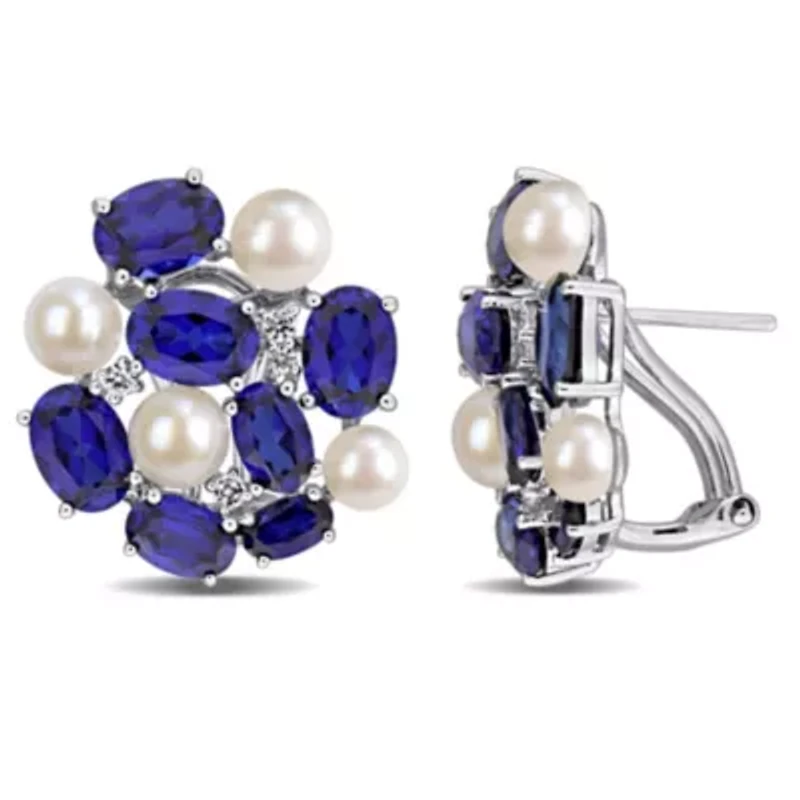 Lab Created Created Blue Sapphire, Created White Sapphire & Freshwater Cultured Pearl Earrings in Sterling Silver