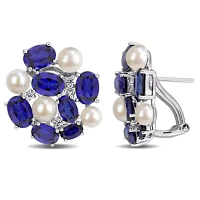 Lab Created Created Blue Sapphire, Created White Sapphire & Freshwater Cultured Pearl Earrings in Sterling Silver